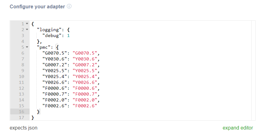 MachineMetrics adapter JSON close-up — PMC section showing G and Y address keys mapped to their address string values (e.g., "G0070.5": "G0070.5")