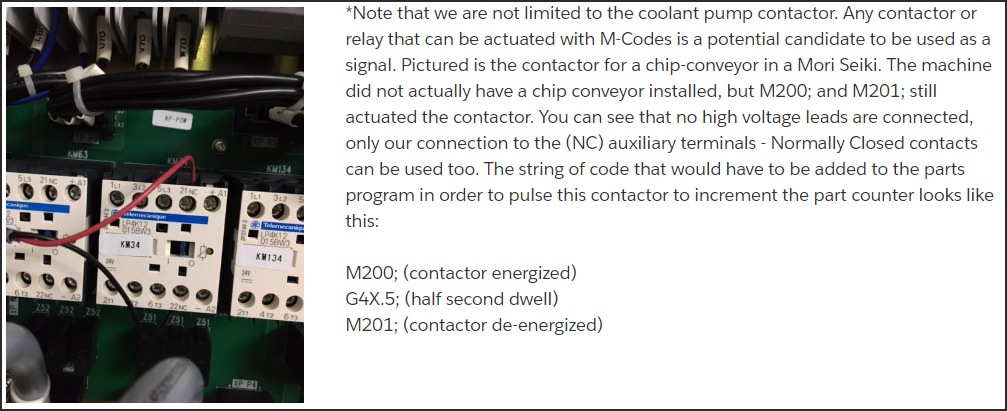 Mori Seiki electrical cabinet — chip conveyor contactor KM134 showing NC auxiliary terminals; even without a chip conveyor installed, M200/M201 actuate the contactor for a part count pulse