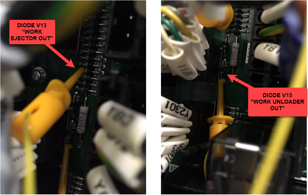PCB close-up — diode V13 "Work Ejector Out" and diode V15 "Work Unloader Out" being probed with a diode clip; each diode tap connects to a separate AIN channel on the I/O module