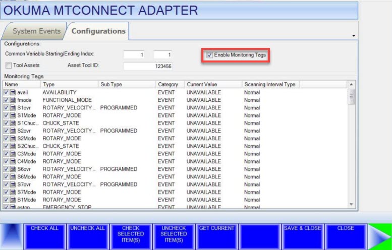 Okuma MTConnect Adapter Configurations tab showing Common Variable Starting/Ending Index and Enable Monitoring Tags checkbox