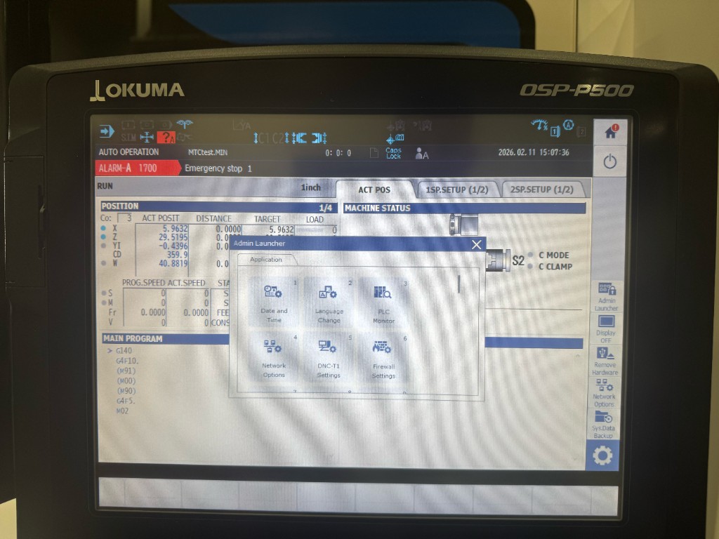Okuma OSP-P500 Admin Launcher showing Network Options