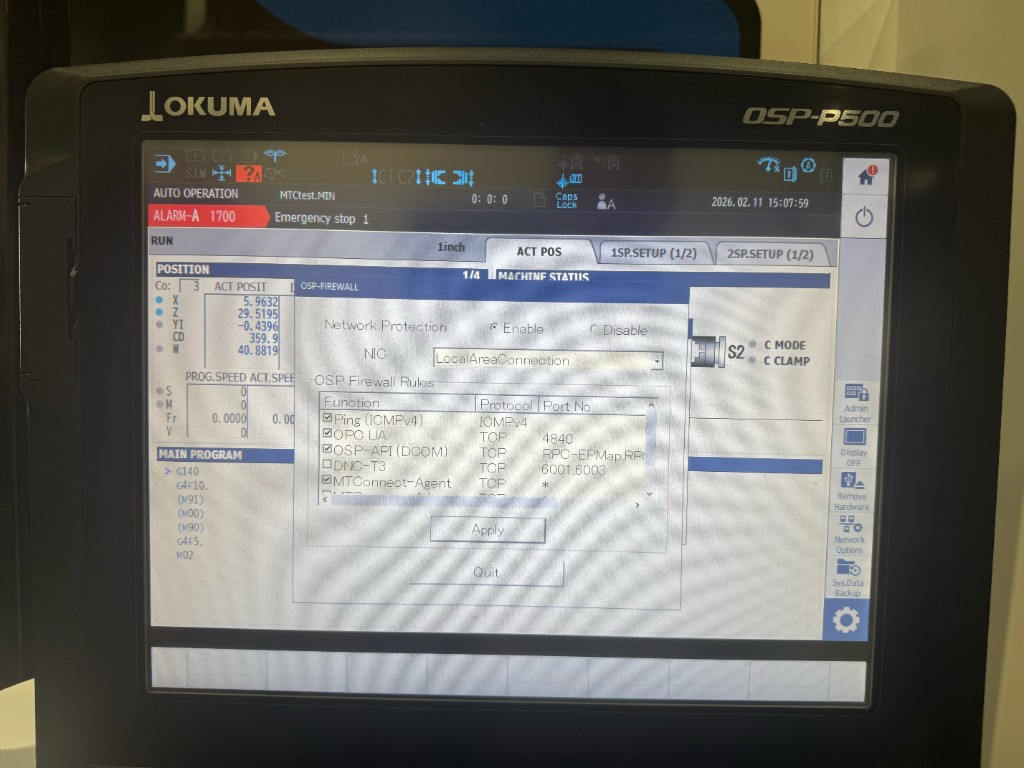 Okuma OSP-P500 OSP-FIREWALL screen showing OPC UA port 4840 and MTConnect-Agent rules