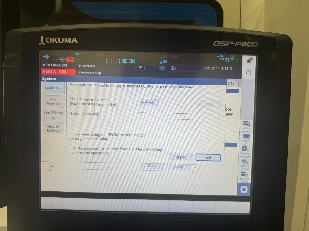 Okuma OSP-P500 OPC UA Application tab — OPC UA Server Function dropdown initially set to Disabled before enabling