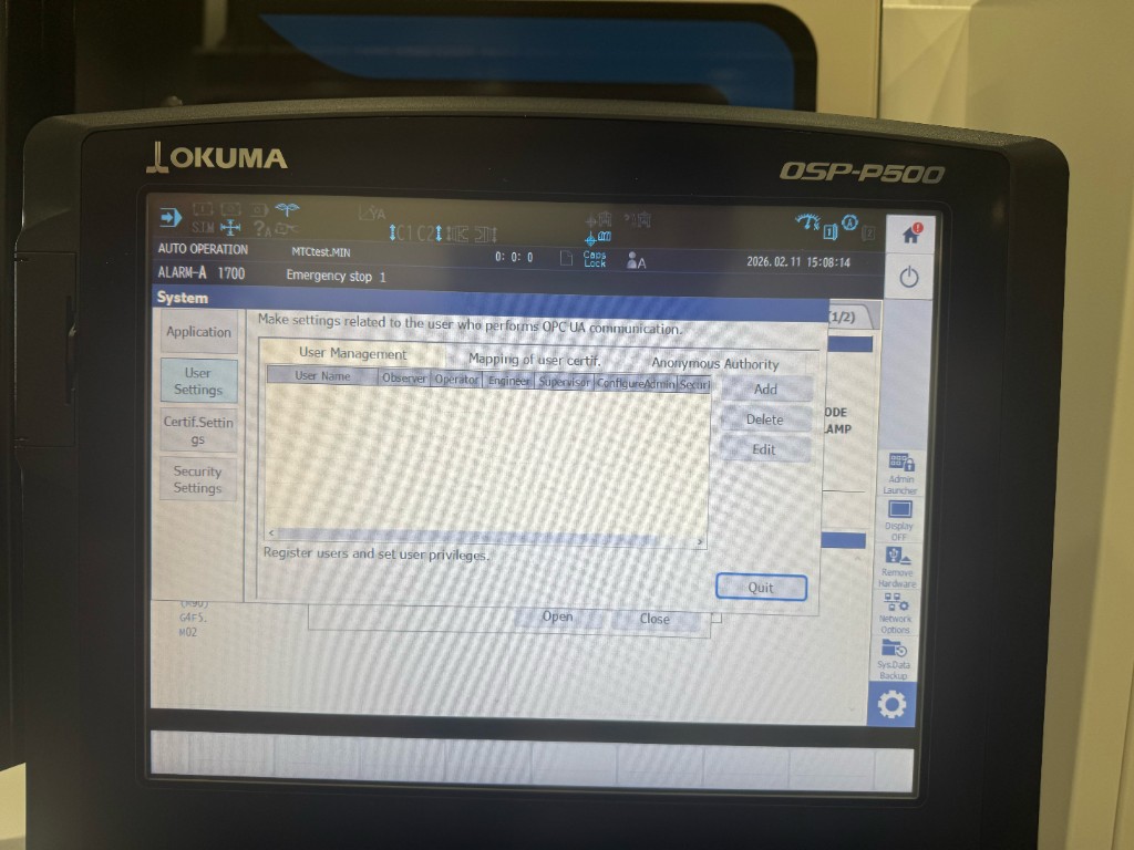 Okuma OSP-P500 OPC UA User Settings — User Management table with role columns