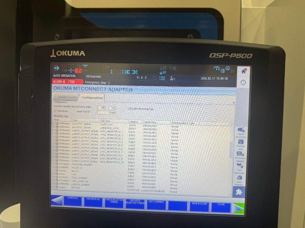 Okuma OSP-P500 Tags Configuration — Enable Monitoring Tags checkbox and tag list
