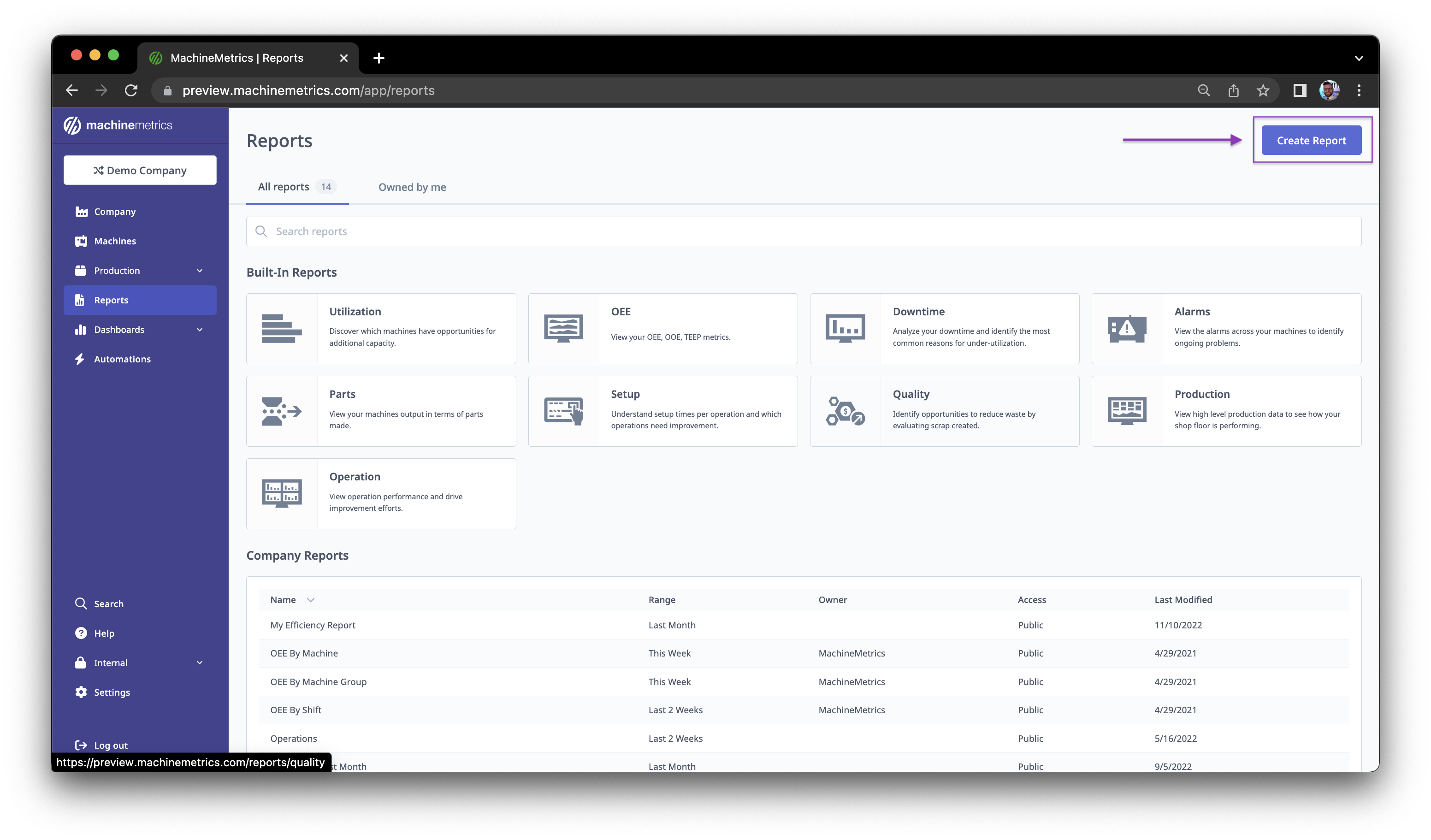 Reports Landing Page