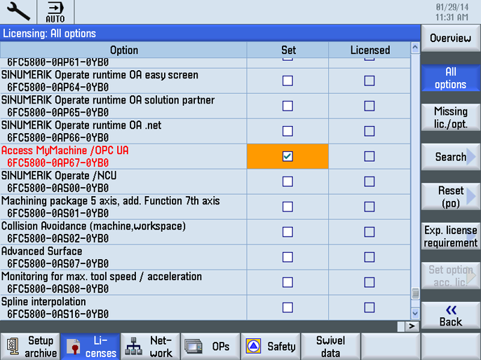Siemens Licensing screen — Access MyMachine/OPC UA option (6FC5800-0AP67-0YB0) with Set checkbox checked