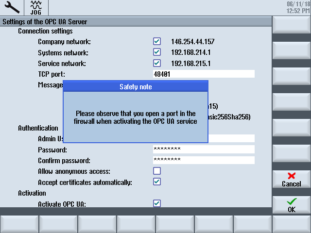 Siemens OPC UA activation safety note — "Please observe that you open a port in the firewall when activating the OPC UA service"