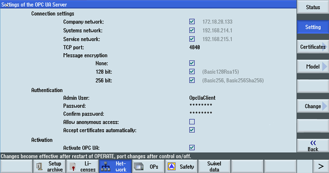 Siemens OPC UA Server Settings — connection settings, authentication (OpcUaClient), and Activate OPC UA checked