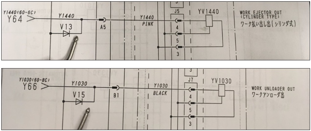 Machine ladder diagram — Y1440 (60-6C) Work Ejector Out (cylinder type) and Y1030 (60-8C) Work Unloader Out with diode V13 and V15 labeled in pink and black conductors