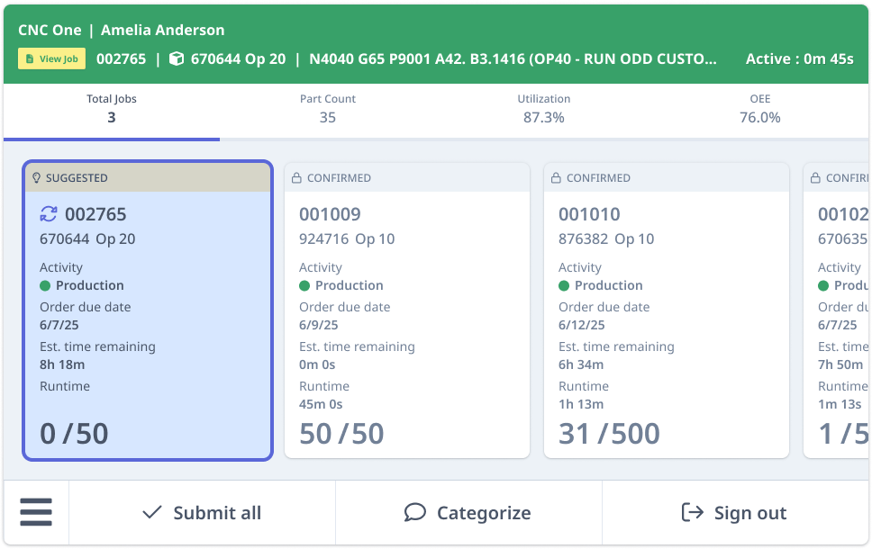 ShopPulse job queue showing job cards with match states